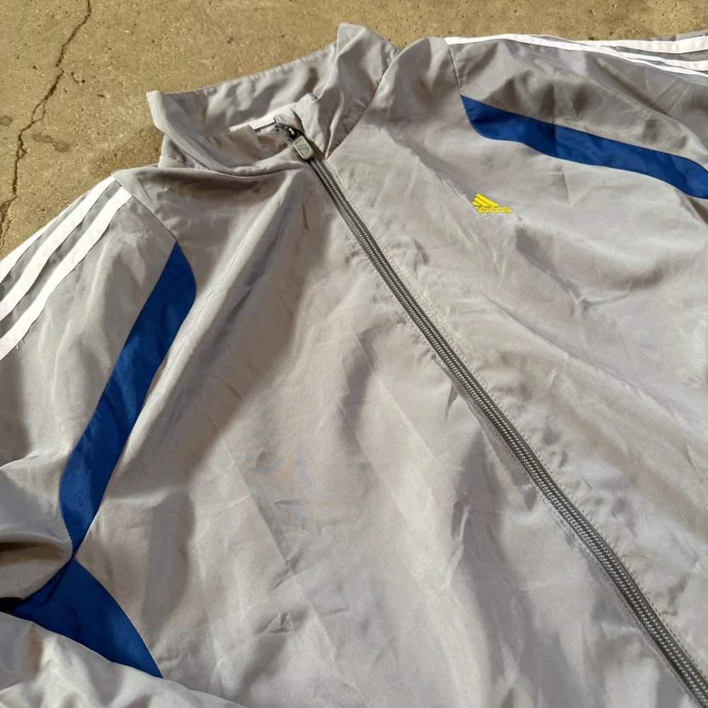 Adidas Track Jacket Mens Small Gray Blue Climalite Full Zip 3 Stripe RN 88387